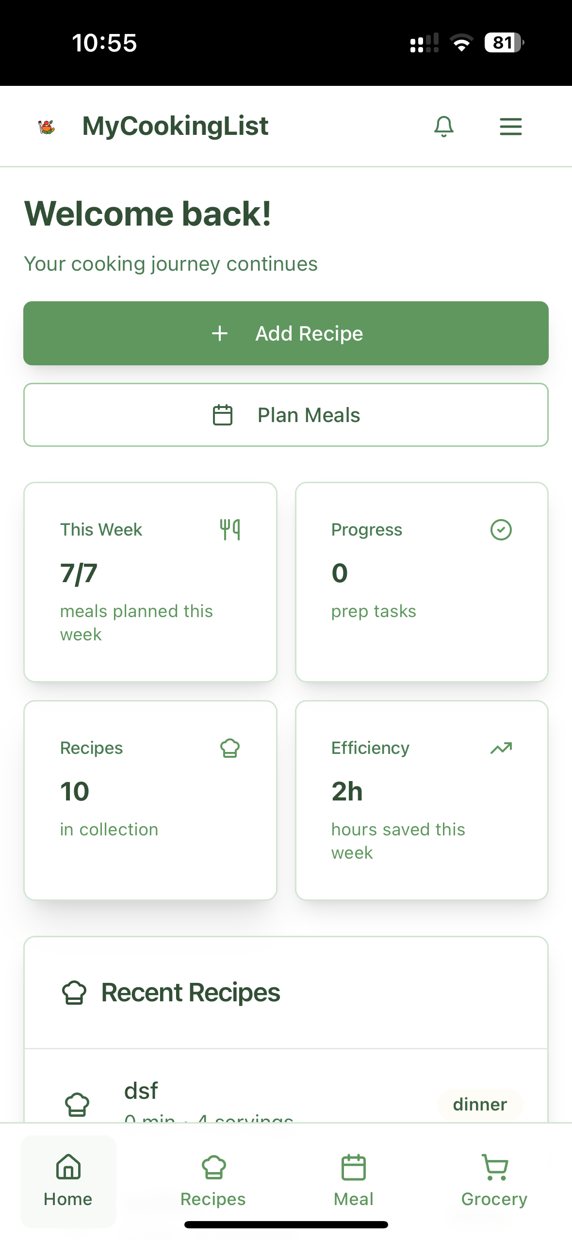Dashboard showing time saved and progress