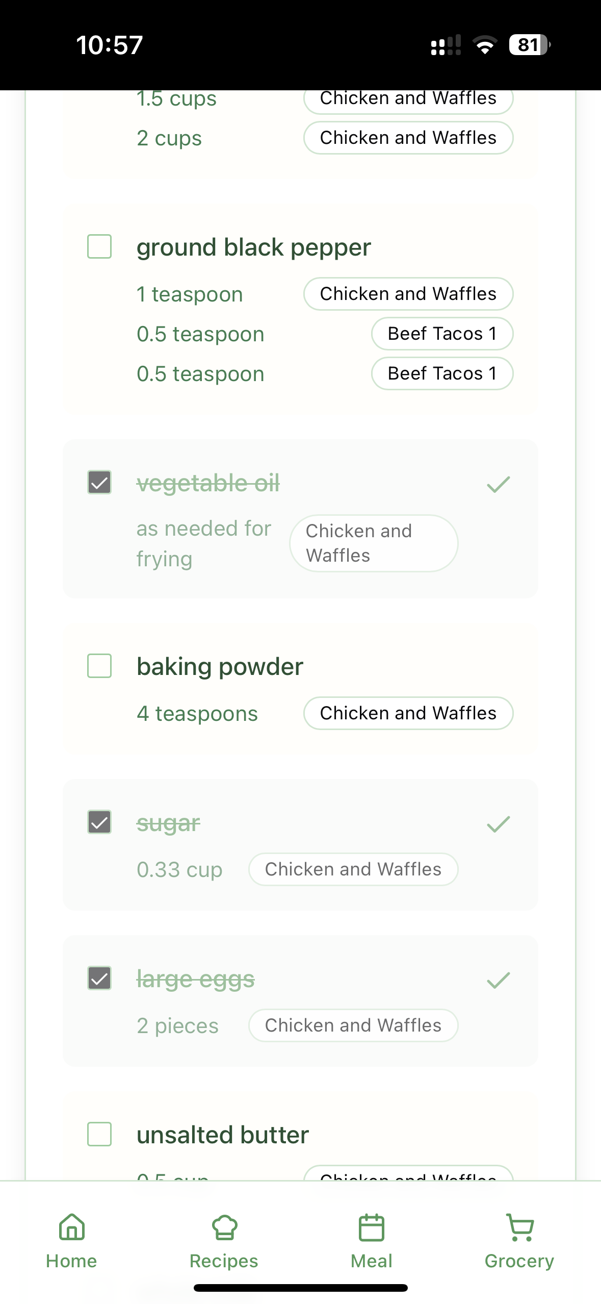 Intelligent grocery list with checkboxes