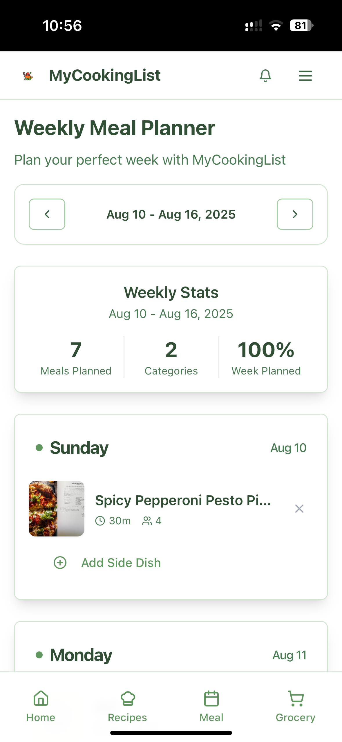 Weekly meal planner showing 100% completion