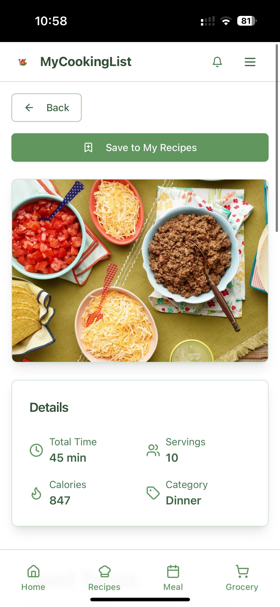 Recipe detail with nutritional information