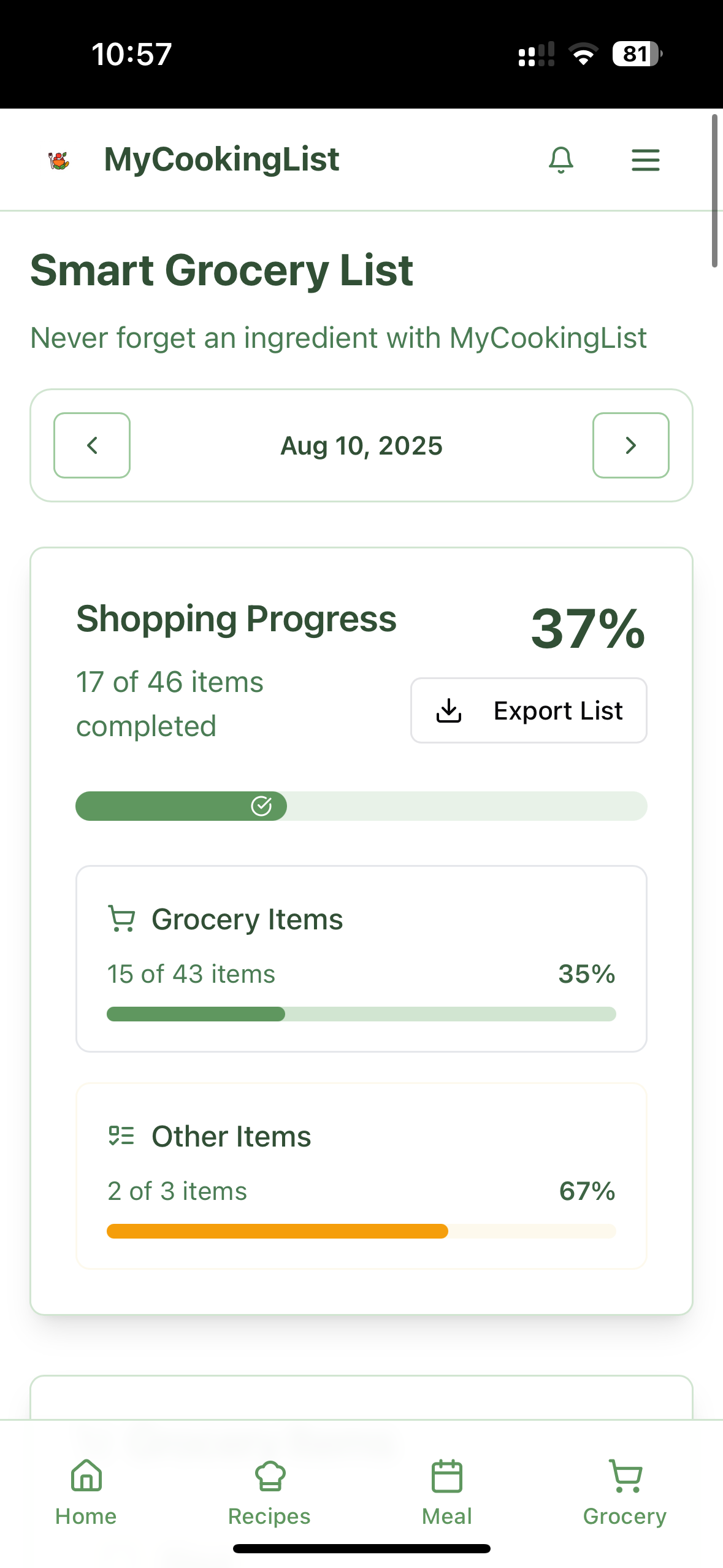 Smart grocery list with progress tracking